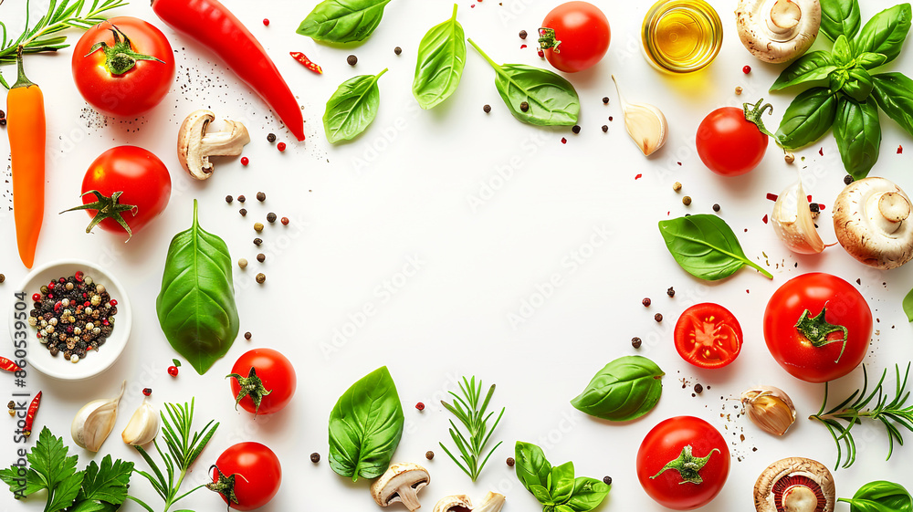 Herb and vegetable assortment with tomatoes, mushrooms, and basil on white background for culinary design. Herb and vegetable assortment with tomatoes, mushrooms, and basil on white background for culinary design.