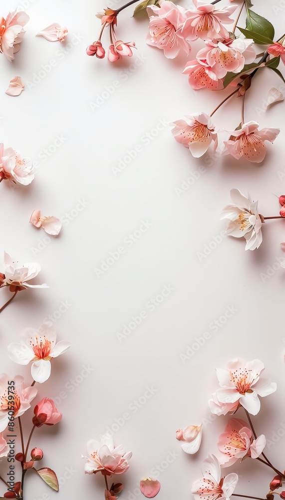 Floral frame of pink cherry blossoms on white background. Floral frame of pink cherry blossoms on white background.
