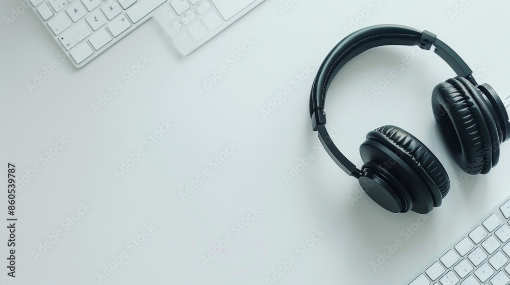 Headphones and Keyboard on a White Desk, Generative AI