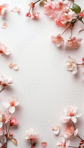 Floral frame of pink cherry blossoms on white background.