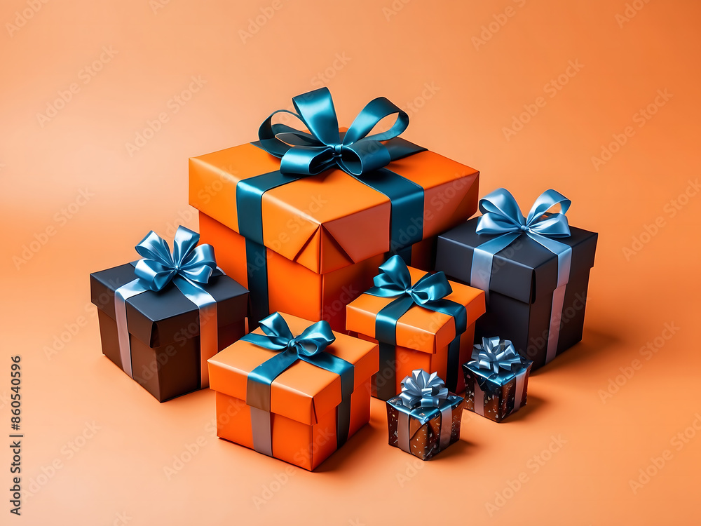Obraz premium Elegantly wrapped and arranged two gifts on an orange background, a banner ad for Black Friday design