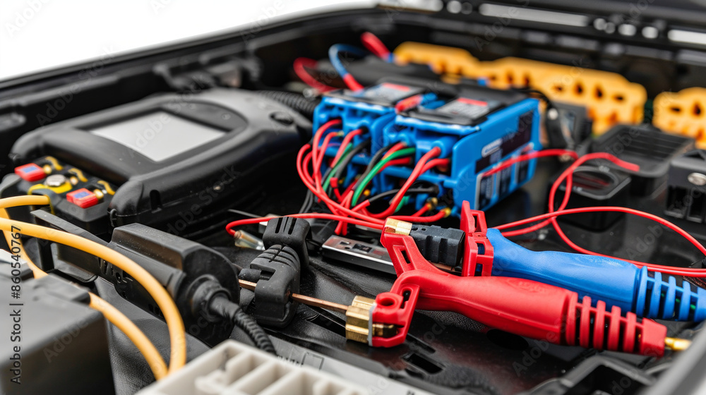 Vehicle electrical system testing equipment for testing electrical components isolated on white background Vehicle electrical system testing equipment for testing electrical components isolated on white background