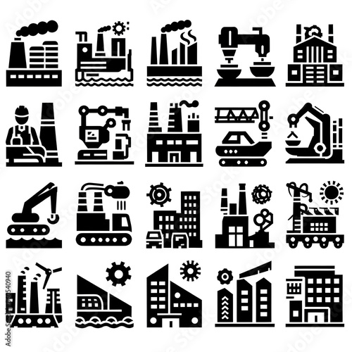 icon, hotel, signs, silhouette, tool, business, collection, crane, illustration, industry, set, black, construction, house, symbol, vector, building, food, travel, estate, factory, power, industrial, 