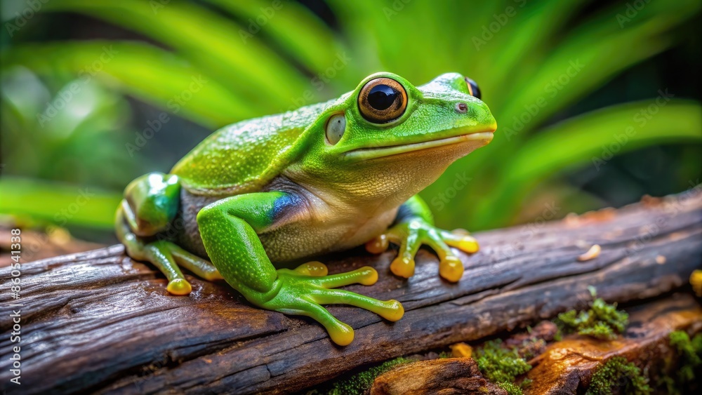 Naklejka premium Green tree frog perched on a branch.