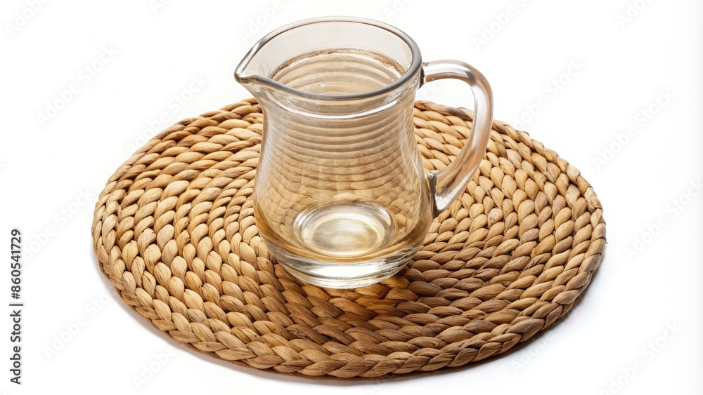 Empty glass pitcher on a woven placemat.