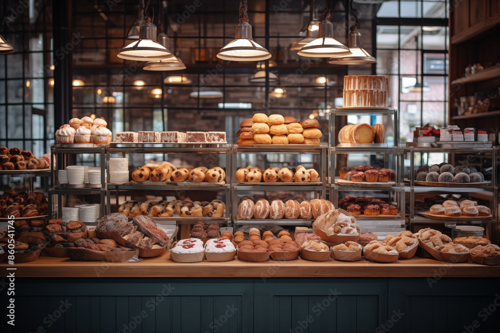 Cozy Artisan Bakery with Freshly Baked Bread and Pastries Displayed on Wooden Counter in Rustic Setting Cozy Artisan Bakery with Freshly Baked Bread and Pastries Displayed on Wooden Counter in Rustic Setting