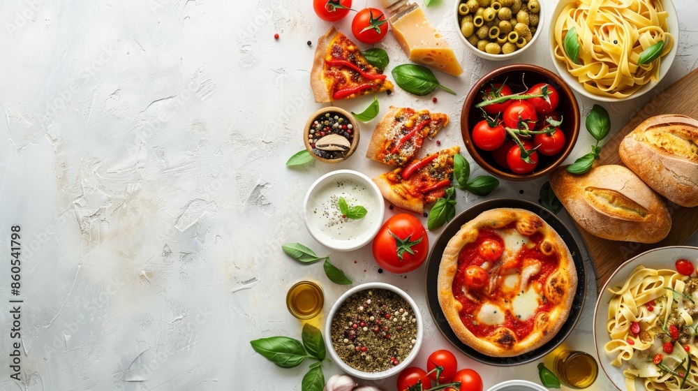 Italian Cuisine Feast: Fresh Pasta Dishes, Pizza Slices, Cheeses, and Vibrant Veggies