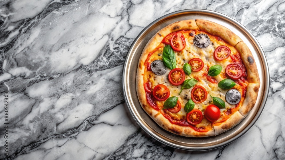 Delicious pizza with assorted toppings on a marble surface. Delicious pizza with assorted toppings on a marble surface.