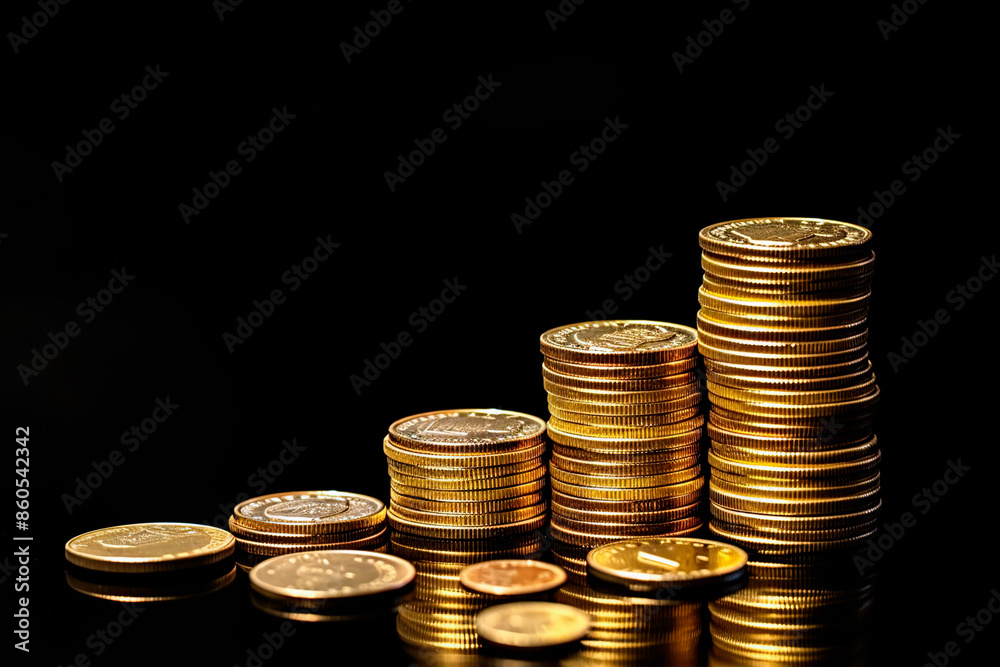 Saving money concept, money coin stack growing business. Isolated on black background Saving money concept, money coin stack growing business. Isolated on black background
