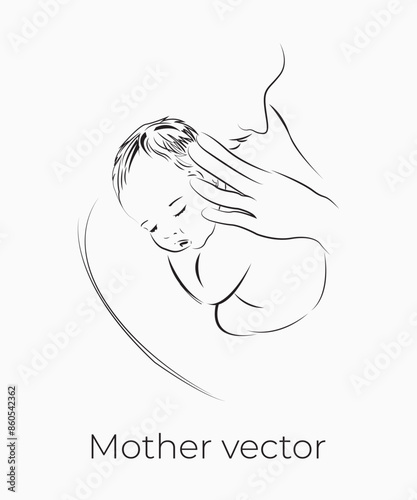 Handdrawn line art style mom and baby illustration art.