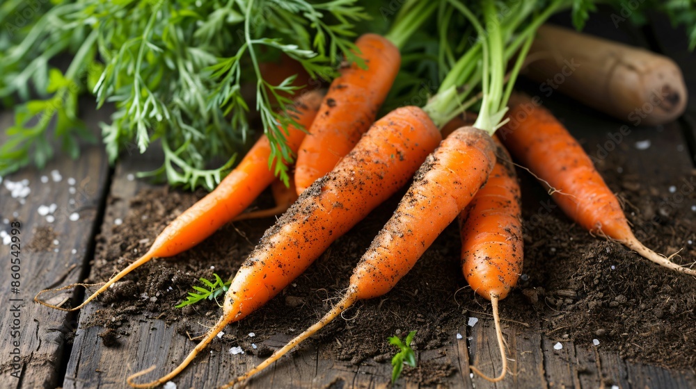 A close-up of a freshly harvested carrot bunch, with earthy roots and green tops, lying on a rustic wooden table sprinkled with soil A close-up of a freshly harvested carrot bunch, with earthy roots and green tops, lying on a rustic wooden table sprinkled with soil