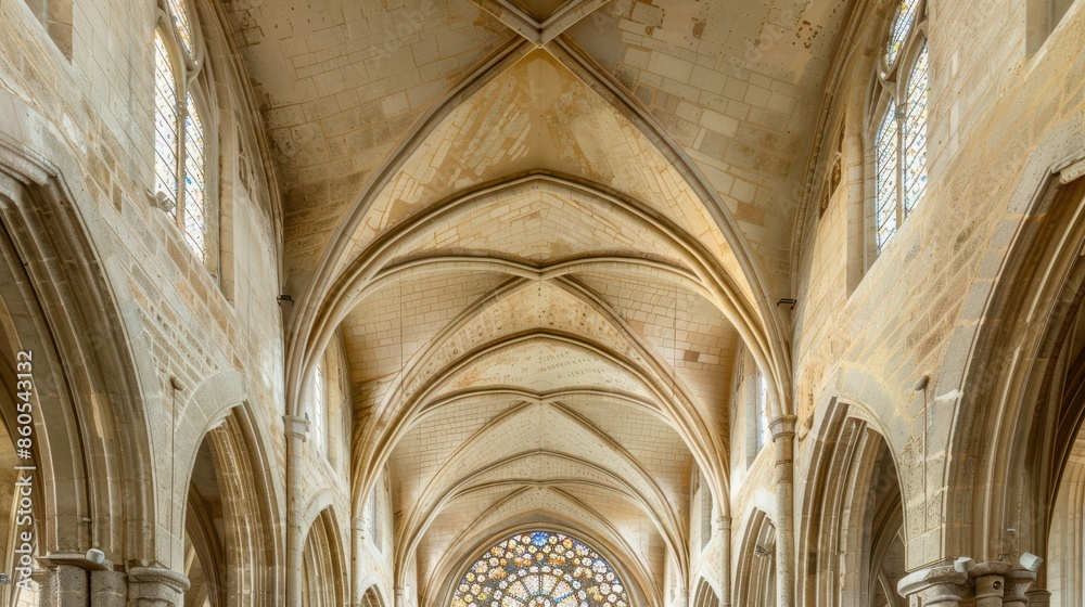 Arched ceiling of a grand church with intricate stonework and stained glass windows, creating a historic and sacred atmosphere. Arched ceiling of a grand church with intricate stonework and stained glass windows, creating a historic and sacred atmosphere.