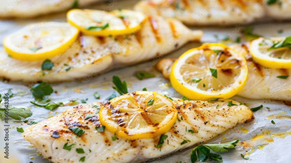 Grilled salmon fillet garnished with fresh herbs and lemon slices on a wooden board, set against a rustic wooden table.