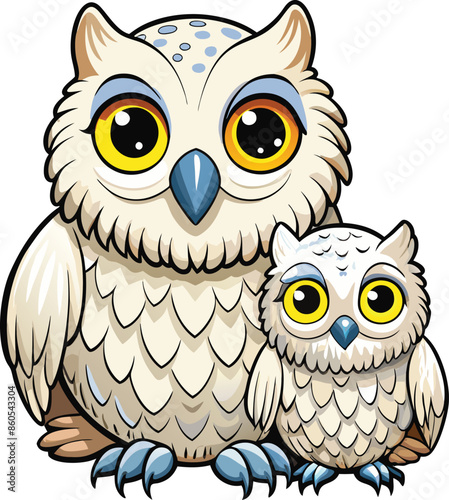 owl with baby owl vector illustration isolated on a white background, Cute owl cartoon illustration photo