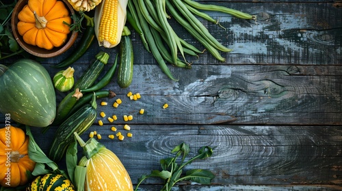 Wallpaper Mural A farm-to-table scene with a variety of freshly picked vegetables like corn, green beans, and squash, arranged on a rustic wooden table Torontodigital.ca