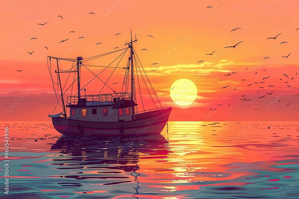 Obraz premium illustration cartoon of traditional fishing boat on sunrise background 