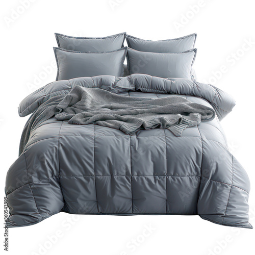 Elegant grey bed with plush comforter and soft pillows, showcasing luxury bedroom decor and modern bedding design.