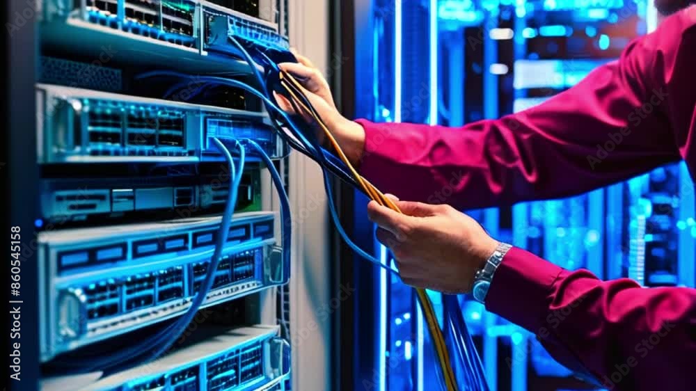 A person wearing a purple shirt is shown connecting a cable to a piece of networking equipment in a server room.