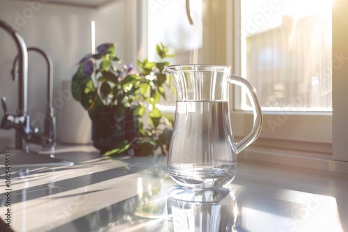 Modern Water Filter Pitcher in Bright Kitchen Setting - Sleek Design & Advanced Filtration for Clean Water