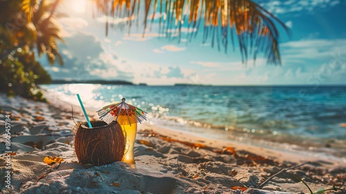 A tropical beach scene with a coconut filled with beer, a colorful straw, and a small umbrella, set on the sand with palm trees and clear water in the background photo