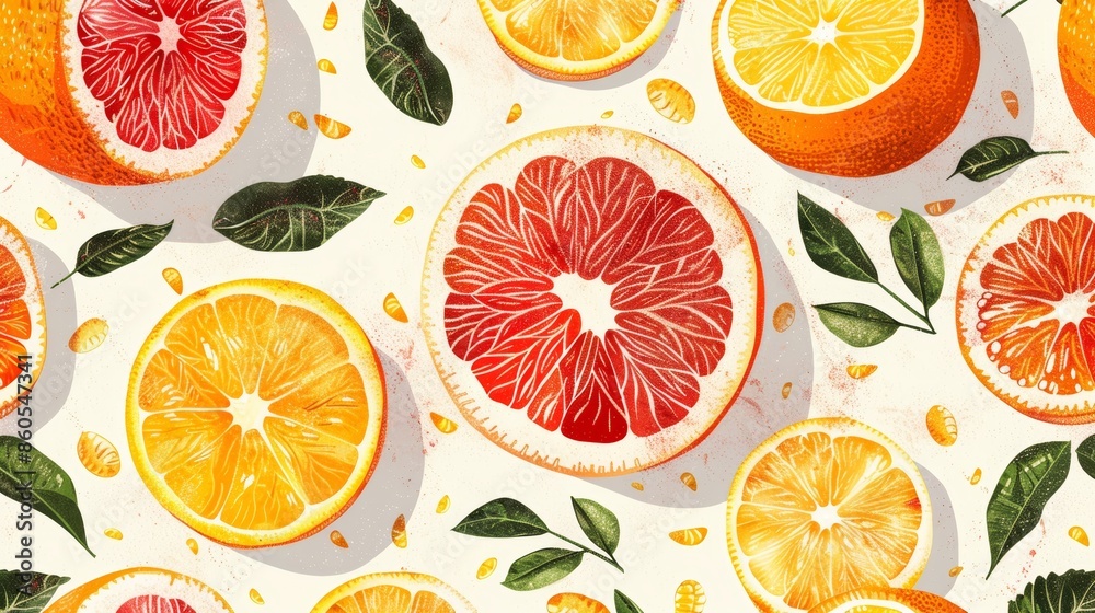A seamless pattern of juicy oranges and grapefruit slices with green leaves on a white background. A seamless pattern of juicy oranges and grapefruit slices with green leaves on a white background.