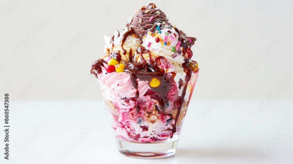 A delicious-looking ice cream sundae with vibrant colors on a clean white background A delicious-looking ice cream sundae with vibrant colors on a clean white background