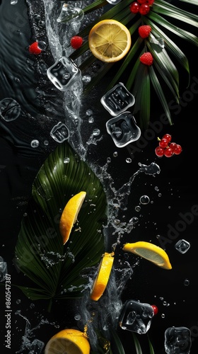 Lemon, berries and ice in water splash