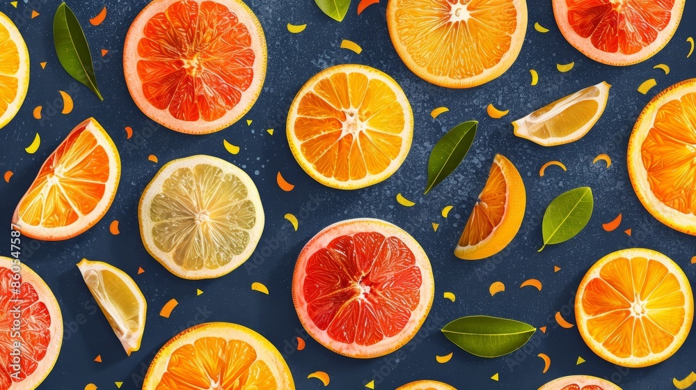 A vibrant pattern of sliced oranges, grapefruits, and lemons on a blue background with green leaves. A vibrant pattern of sliced oranges, grapefruits, and lemons on a blue background with green leaves.