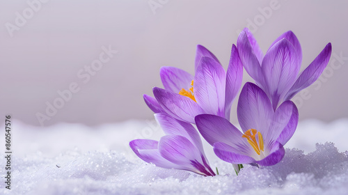 Crocus spring flower Growth In The Snow Beautiful Floral wide panorama Purple Crocus Iridaceae : Generative AI photo