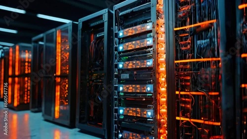 A dark room filled with tall metal server racks with bright orange lights. photo