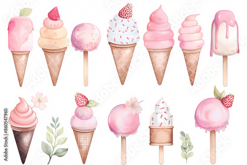 Watercolor illustration of various pink and yellow ice cream cones, popsicles and other sweet treats. photo