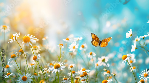 Chamomiles daisies macro in summer spring field on background blue sky with sunshine and a flying butterfly nature panoramic view Summer natural landscape with copy space : Generative AI