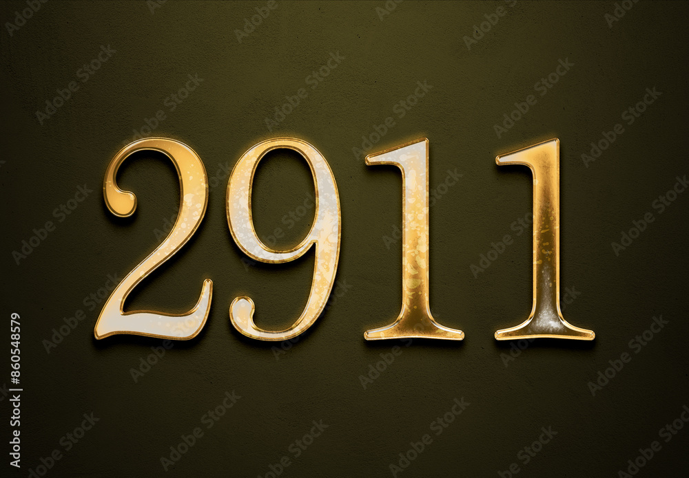 Old gold effect of 2911 number with 3D glossy style Mockup. Old gold effect of 2911 number with 3D glossy style Mockup.
