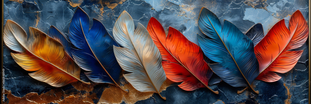 Obraz premium panel wall art, wall decoration, marble background with feather designs
