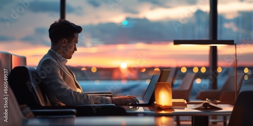 Luxury business travel experience featuring a professional traveler enjoying exclusive airport lounge access
