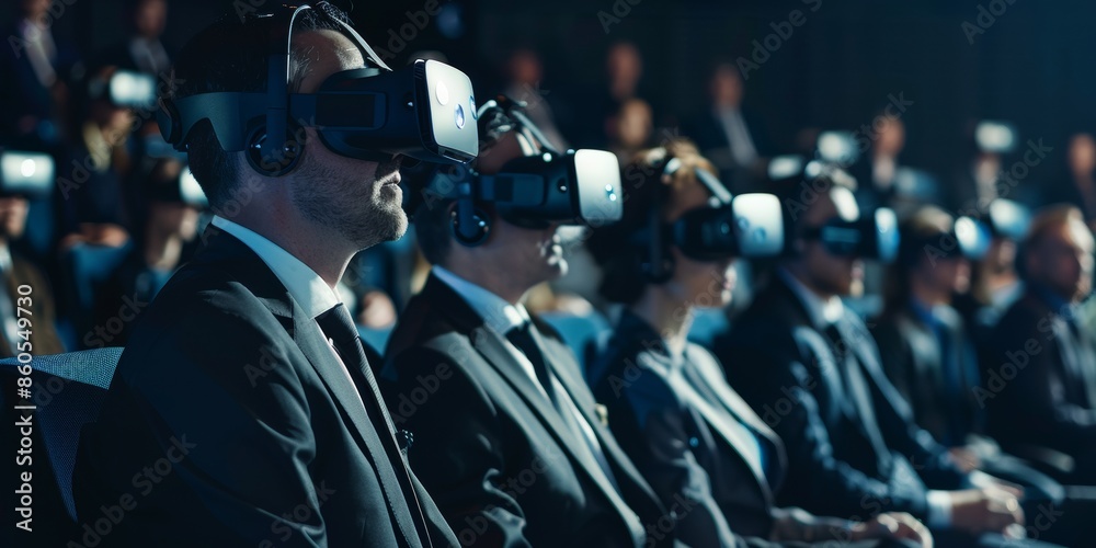 An immersive virtual reality business presentation with professionals wearing VR headsets An immersive virtual reality business presentation with professionals wearing VR headsets