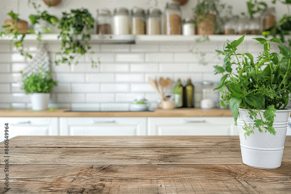 Fresh and Bright Kitchen with Wooden Tabletop and Herb Garden: A Culinary Haven