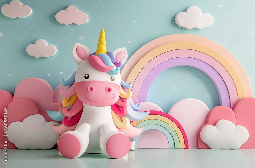 A happy cartoon unicorn sits with a pastel rainbow and fluffy clouds in a cheerful, colorful setting. 3D cartoon style, cute unicorn sitting on a pastel background A happy cartoon unicorn sits with a pastel rainbow and fluffy clouds in a cheerful, colorful setting. 3D cartoon style, cute unicorn sitting on a pastel background