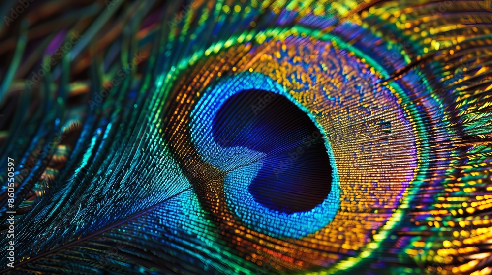 Fototapeta premium Stunning peacock feather with vibrant colors and intricate patterns. Perfect for a captivating banner, poster, or advertisement with ample space for your message.