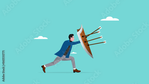 protection from threats, protects from Cyber ​​Threats to Businesses growth, protective shield company data security from cyber attacks, businessman uses a protective shield to ward off arrow attacks