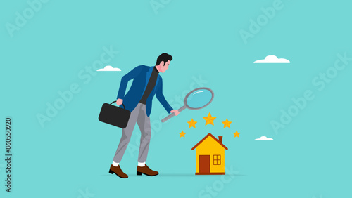 review of real estate or property for reasonable market value, Real estate appraisal, land or property valuation concept, businessman with magnifying glass assessing 5 star real estate property
