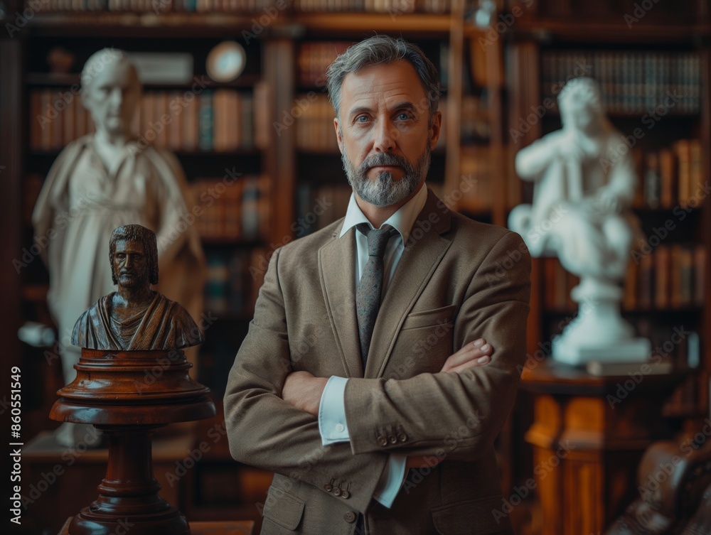 Professional lawyer standing confidently in front of bookshelf filled with legal texts, expert in law field Professional lawyer standing confidently in front of bookshelf filled with legal texts, expert in law field