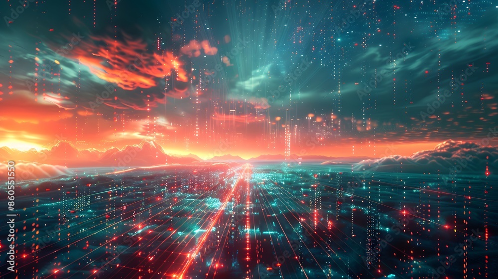 An algorithmic matrix visualized as a heavenly digital realm, with glowing code streams flowing like rivers in the sky An algorithmic matrix visualized as a heavenly digital realm, with glowing code streams flowing like rivers in the sky