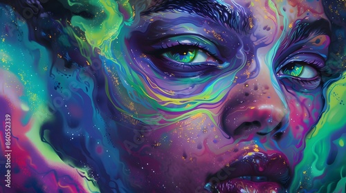A portrait of a person with striking eyeshadow inspired by the colors and patterns of the aurora borealis, with swirling greens, purples, and blues blending seamlessly