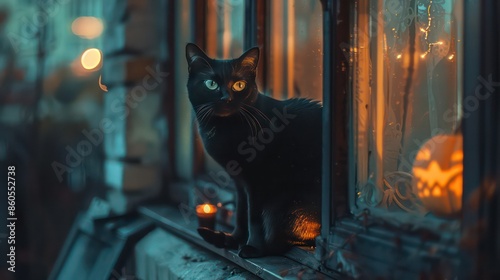 A playful image of a black cat perched on a windowsill