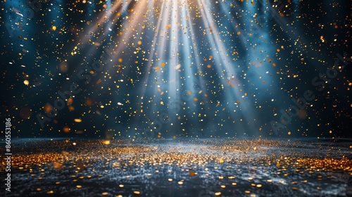 Golden Confetti Rain on Festive Stage with Light Beam - Mockup for Award Ceremony, Jubilee, or Product Presentations in Empty Room at Night © hisilly