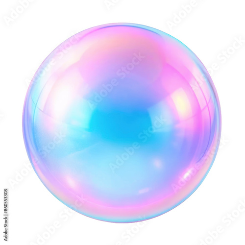 Iridescent gradient sphere object with a smooth reflective surface, displaying vibrant hues of pink, blue, and purple. Isolated on transparent background, png.