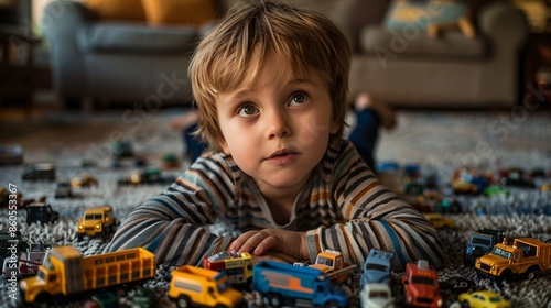 A child lying on a soft rug, completely absorbed in building a miniature world with toy cars, trucks, and buildings. The child's imagination is evident in the intricate layout of the play scene, and