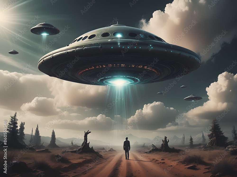 Create a surreal and mysterious UFO-themed photo that captures the awe and wonder of an alien encounter. The scene should evoke a sense of the unknown and otherworldly, with a blend of natural and art Create a surreal and mysterious UFO-themed photo that captures the awe and wonder of an alien encounter. The scene should evoke a sense of the unknown and otherworldly, with a blend of natural and art