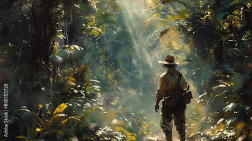 In the undeveloped rainforest of the 19th century, explorers dressed in adventure gear stood in dense vegetation, ready to embark on an adventure photo